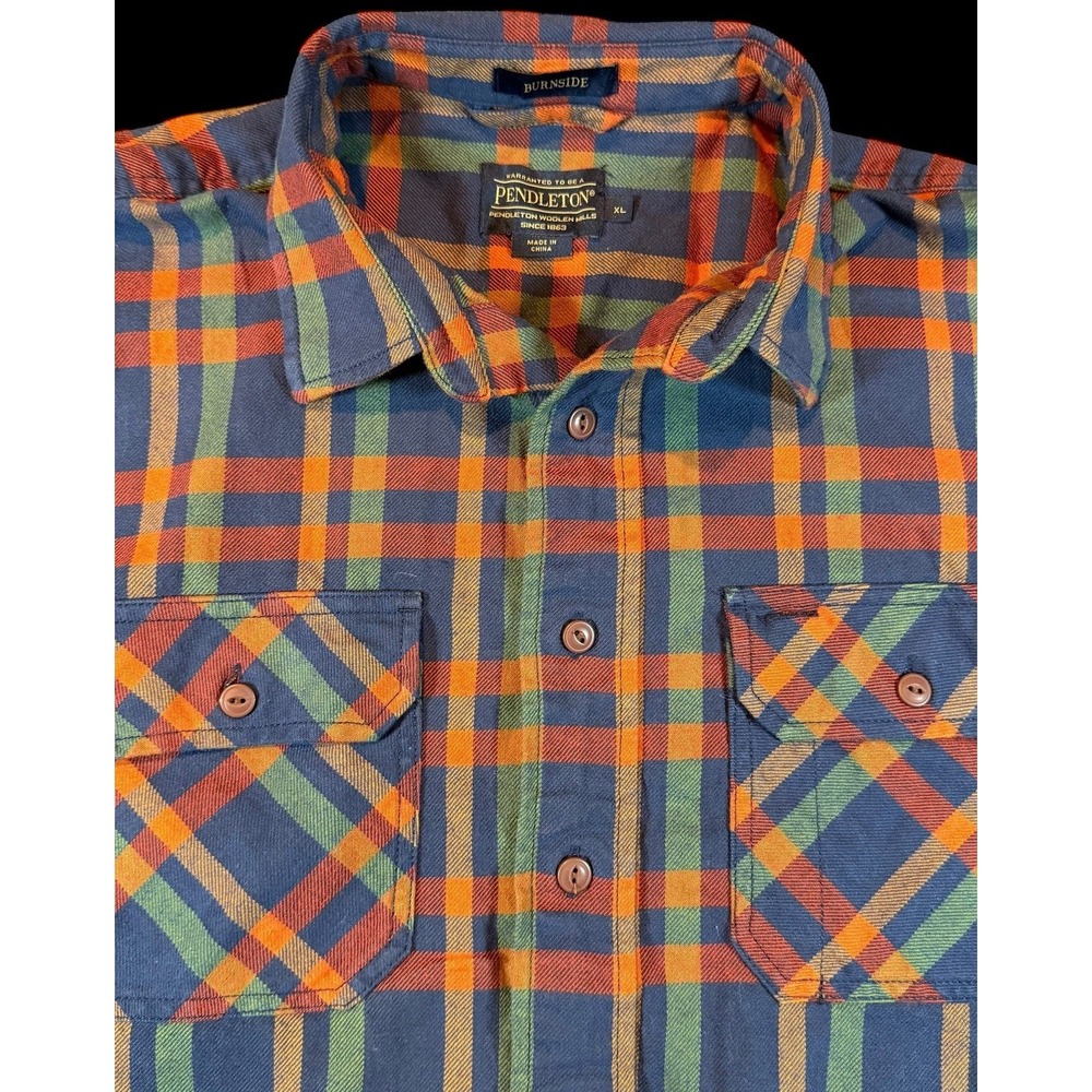 Pendleton Mens Flannel Shirt Burnside Navy Orange Plaid Button Up Outdoor XL